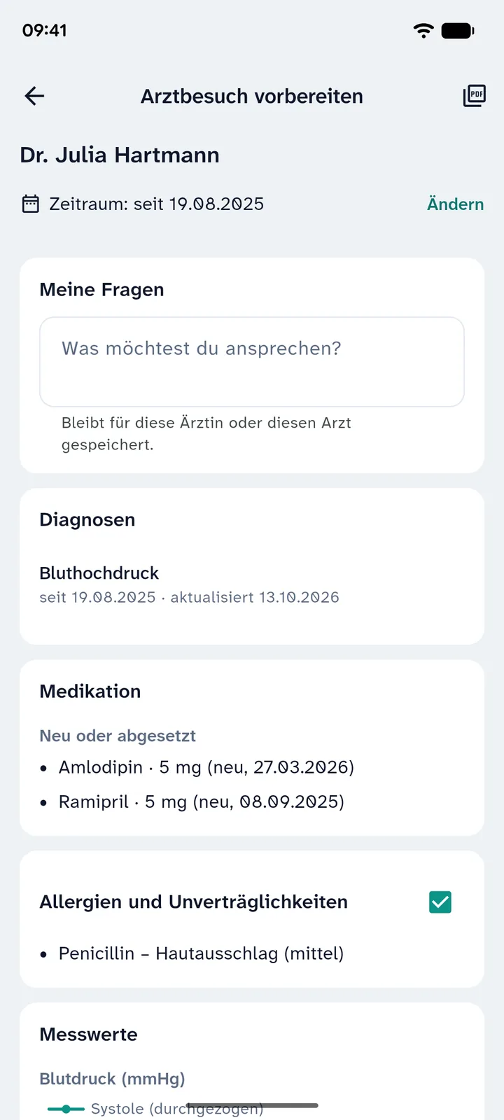Arztbesuch vorbereiten: Diagnosen, Medikationsänderungen und Messwerte für die Ärztin