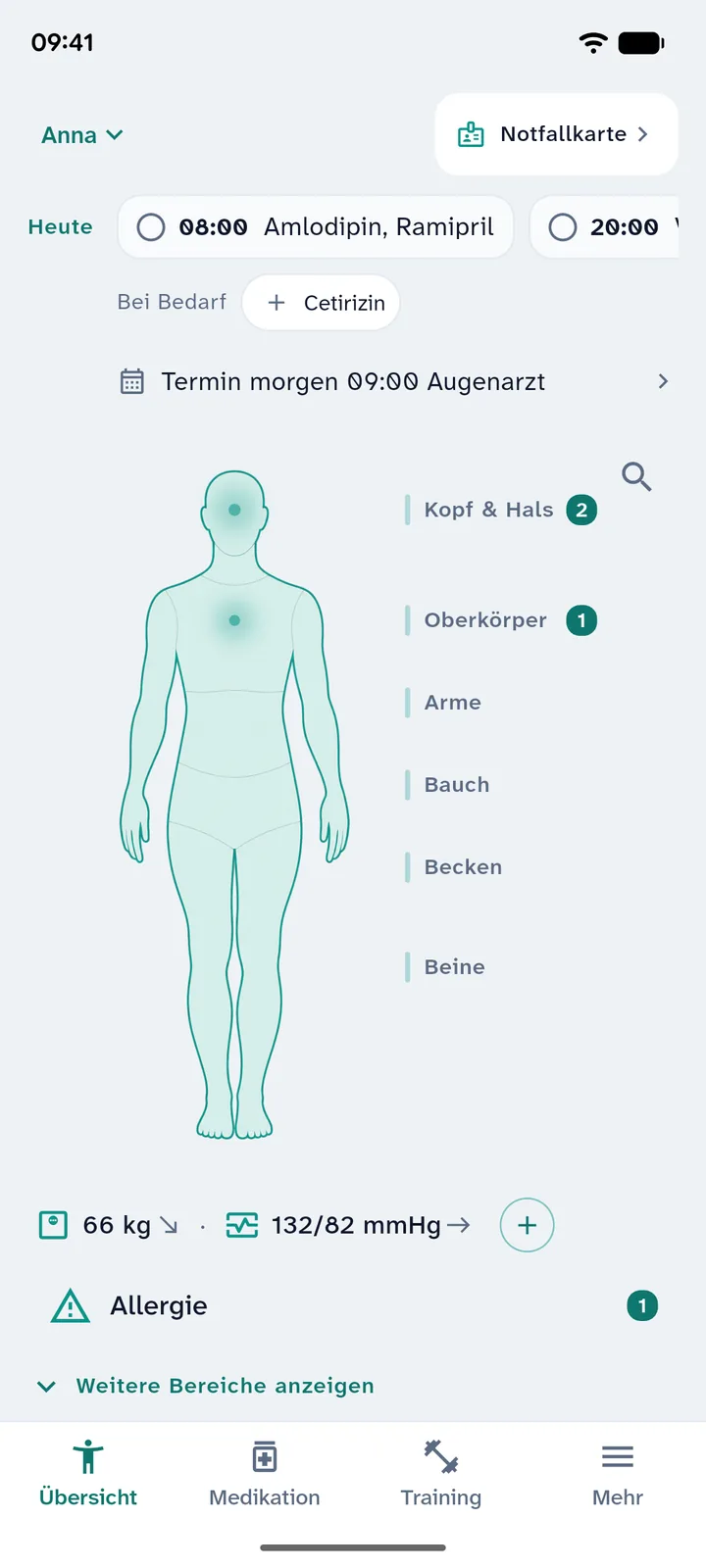 Rivena: Übersicht mit Medikamenten des Tages und Terminen